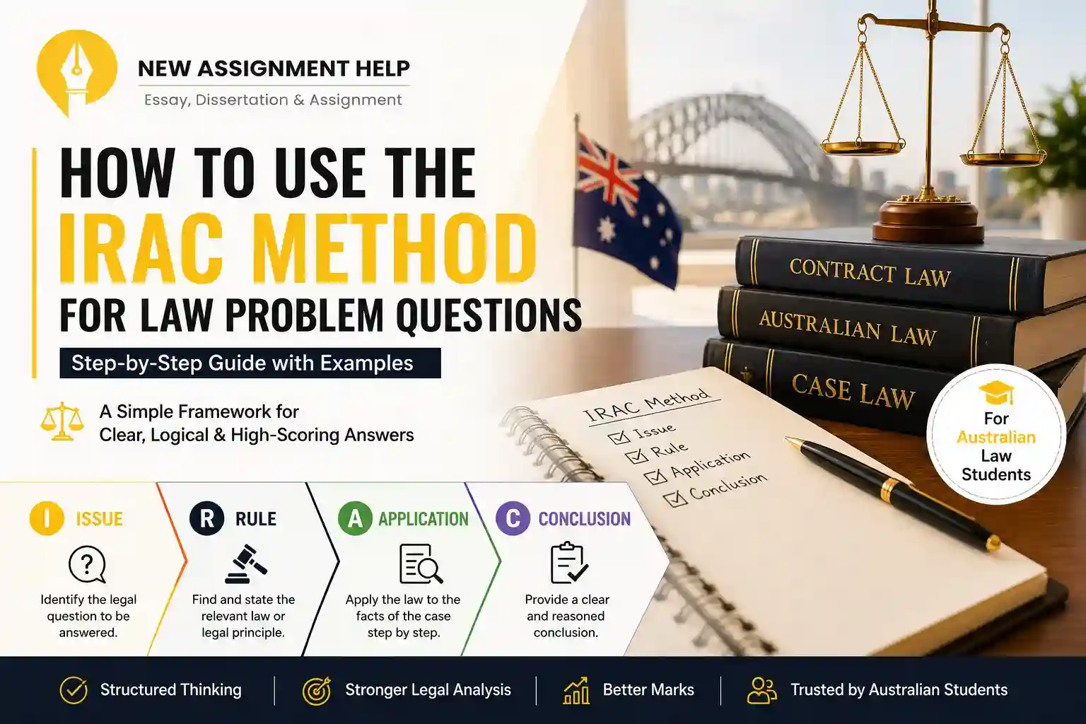 IRAC method guide for Australian law students showing Issue, Rule, Application and Conclusion framework with contract law books and legal study resources.