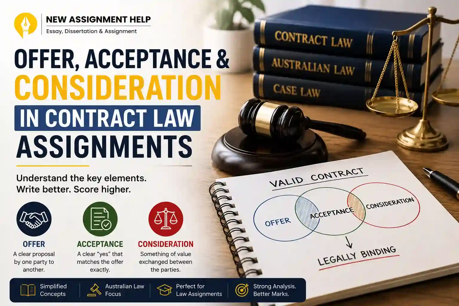 Offer, acceptance and consideration in contract law assignments explained with legal contract diagram, gavel, scales of justice