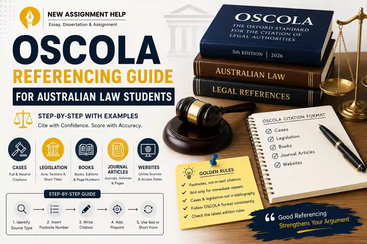 OSCOLA referencing guide for Australian law students showing citation formats for cases, legislation, books, journal articles and legal authorities.