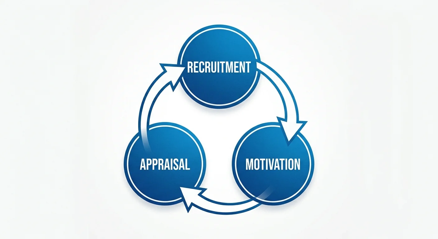 Diagram showing the relationship between recruitment, motivation and performance appraisal in HRM