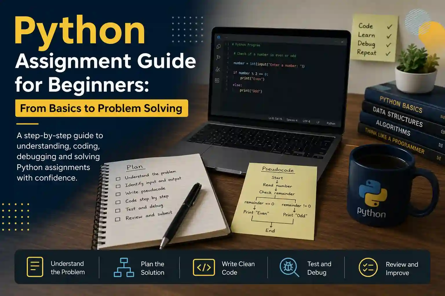 Python assignment guide for beginners showing a laptop with Python code, pseudocode notes, and step-by-step problem-solving workflow.
