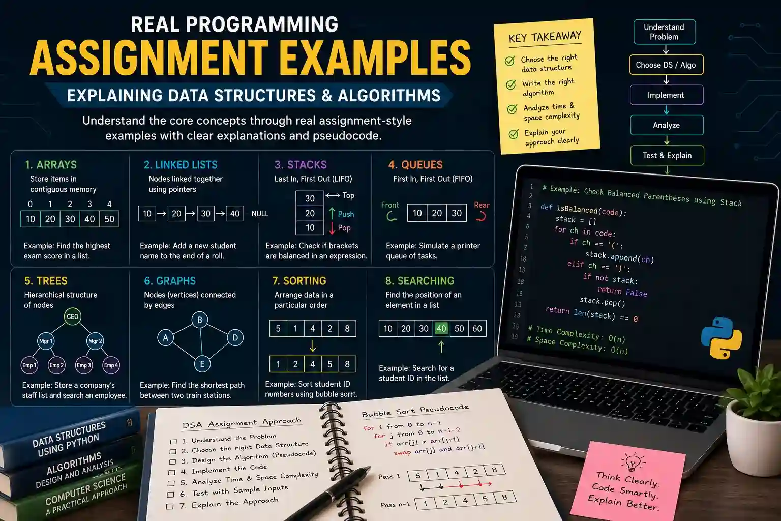Programming assignment examples explaining data structures and algorithms with arrays, linked lists, stacks, queues, trees, graphs, sorting, and searching concepts.