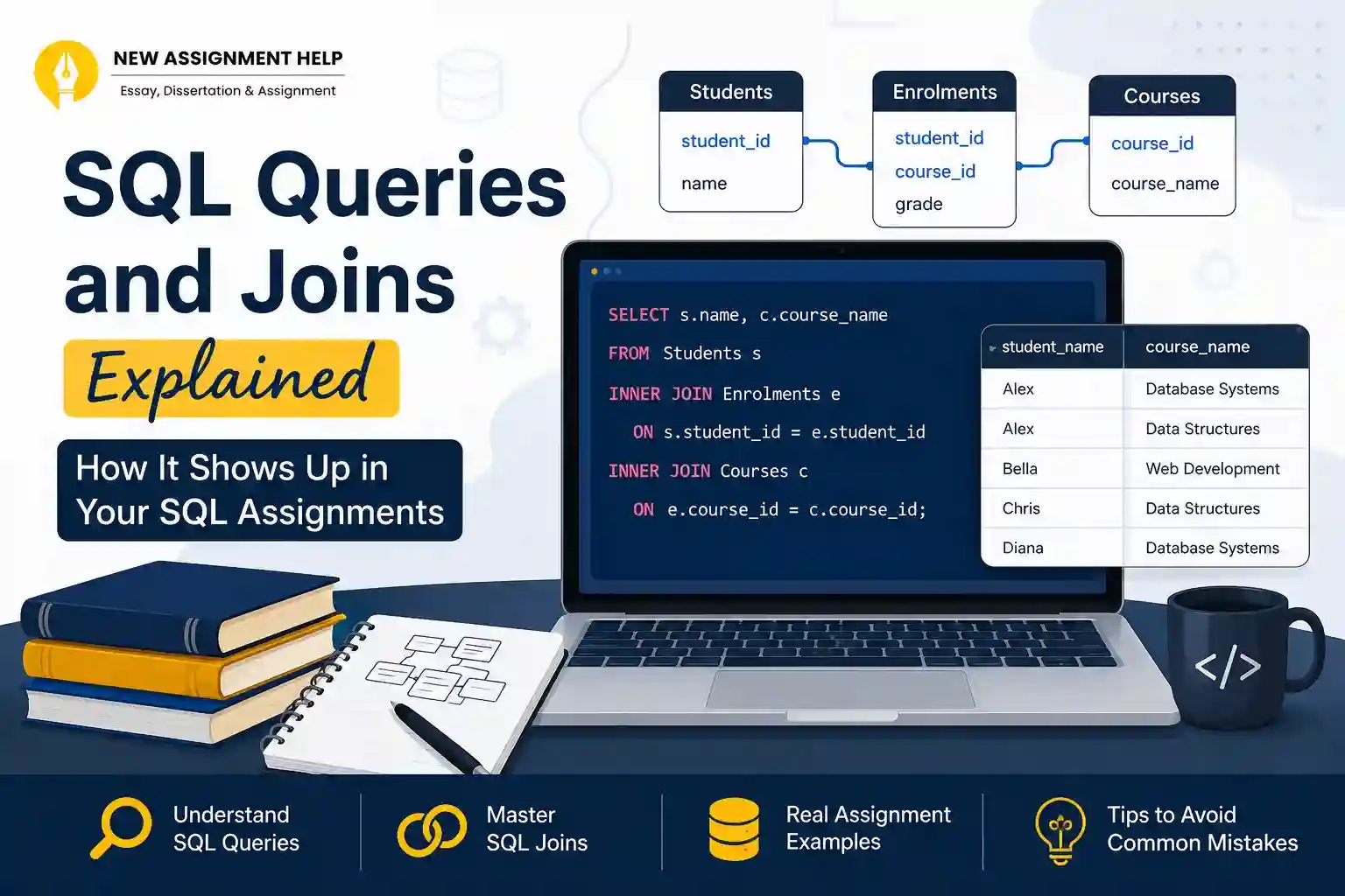 SQL queries and joins explained with database tables, INNER JOIN example, and SQL assignment guide for university students.