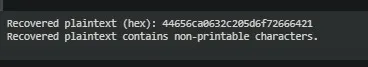 Output of the recovered plaintext in hexadecimal and ASCII format, highlighting non-printable characters
