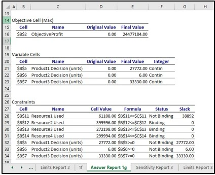 Figure 3: Answer Report (1g)