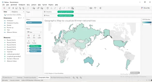 Geographic Map to visualize Winner nationalities (Source: Made by self in Tableau Desktop)