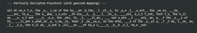 : Letter frequencies, top diagrams/trigrams, and the partially decrypted plaintext generation