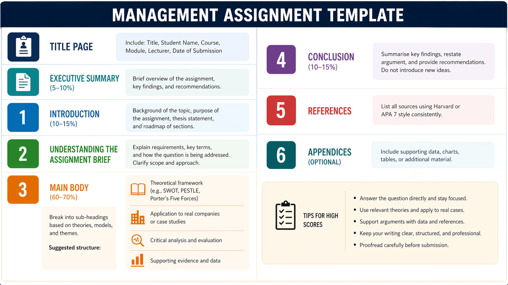 Management Assignment Template Structure with Example (Complete Guide) Management assignment template infographic showing structure including title page, executive summary, introduction, main body, conclusion, references and appendices with percentage breakdown