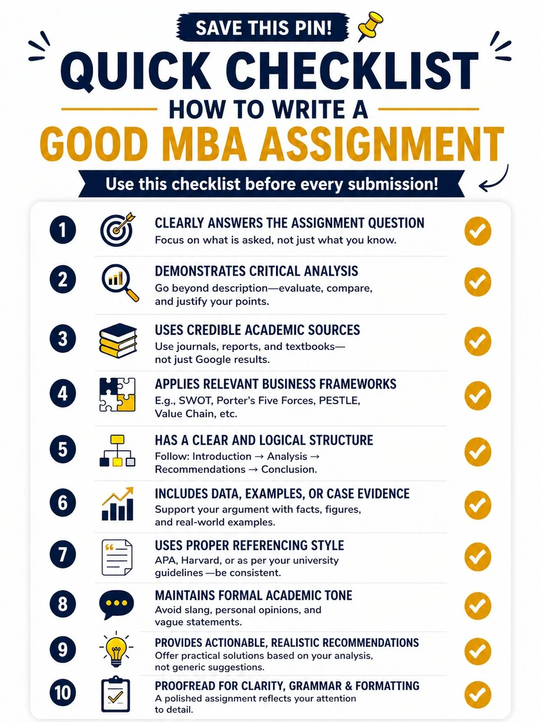 Quick MBA assignment checklist covering structure, analysis, sources, referencing and proofreading to improve academic scores. MBA assignment checklist infographic with structure, analysis, referencing and proofreading tips