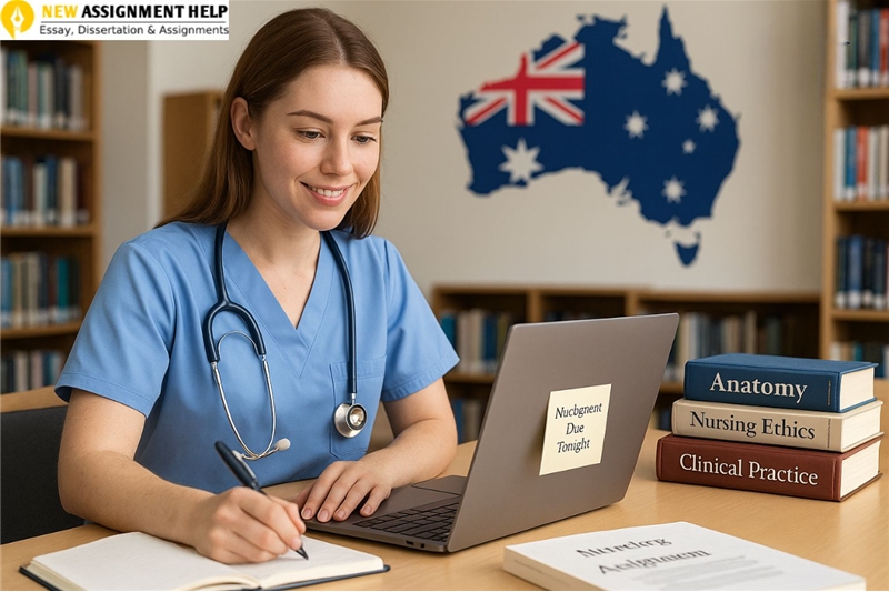 A dedicated nursing student in medical scrubs uses a laptop for completing her nursing assignment with "Nursing Assignment Due Tonight" on the screen. Surrounded by nursing textbooks like Anatomy, Nursing Ethics, and Clinical Practice, she studies in a library with a map of Australia in the background. This image visually represents the growing demand for expert nursing assignment help in Australia, catering to students who need academic support with clinical, ethical, and theoretical nursing coursework.