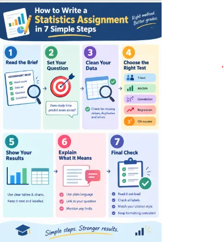 Statistics assignment guide showing simple steps for analysing data and structuring an assignment