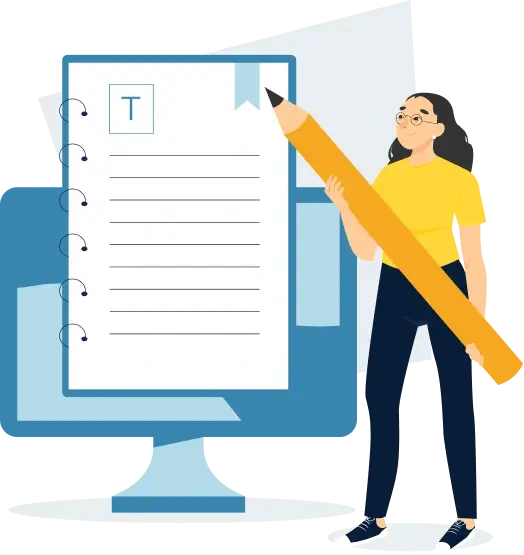 Online essay help service illustration with student writing on digital paper