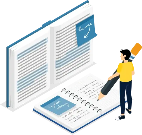 Student receiving homework help by writing notes from a textbook