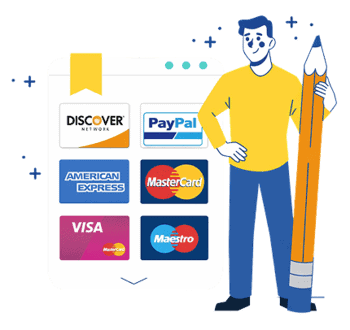Secure online payment methods including Visa, Mastercard, PayPal